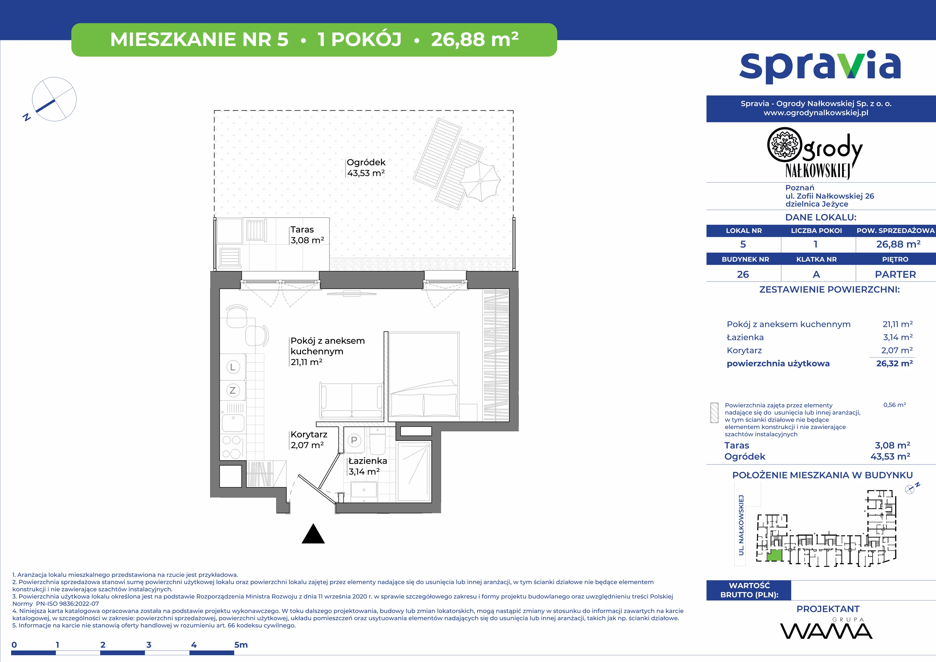 1 pokój, mieszkanie 26,88 m², parter, oferta nr 26-5, Ogrody Nałkowskiej, Poznań, Ogrody, ul. Nałkowskiej 24, 26